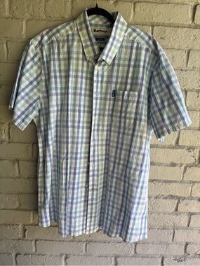 BARBOUR MENS SS SHIRT BLUE PLAID SZ XL 100% cotton